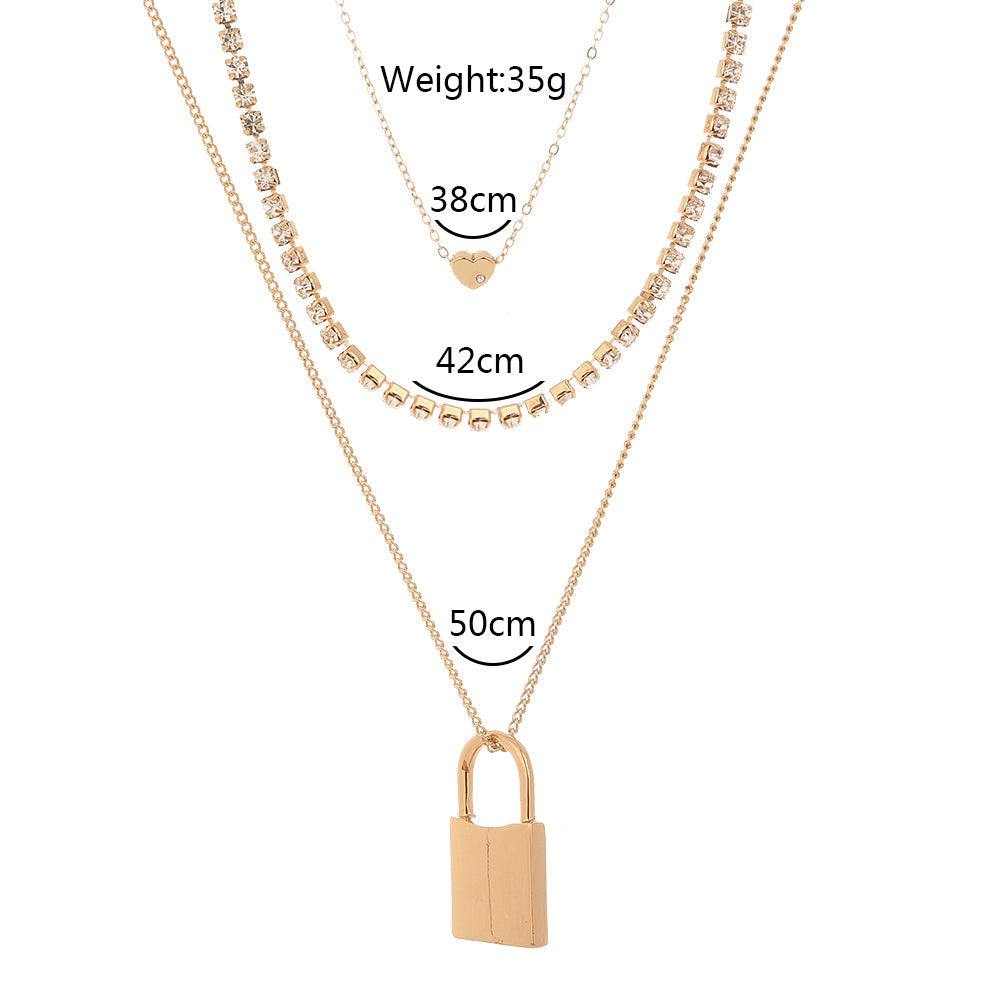 Gold Fashion Personality Lock Pendant Multi-Layer Necklace for Women
