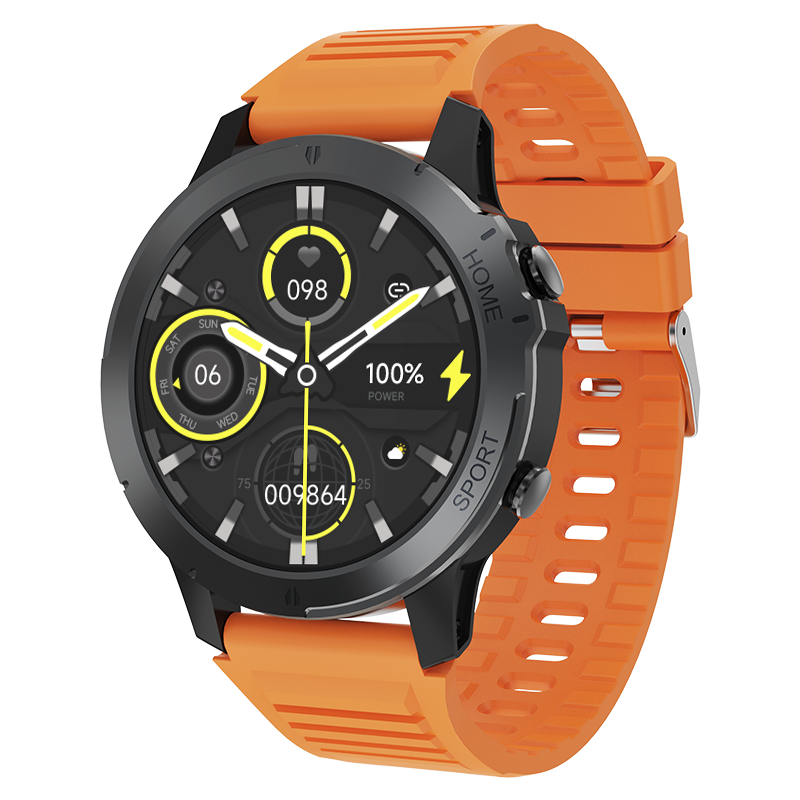 Android smart watch with orange strap, Bluetooth calling, heart rate, and multi-sport modes display