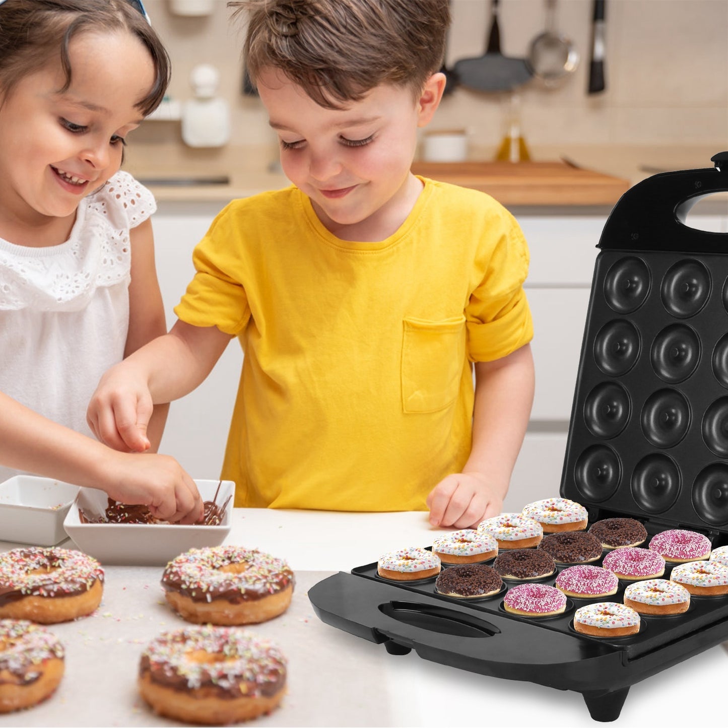1Pc Mini Donut Maker Machine For Kids Snack Breakfast Desserts With 16 Doughnuts Holes Non Stick Coating Double-Side Heating Plates Overheating Protection