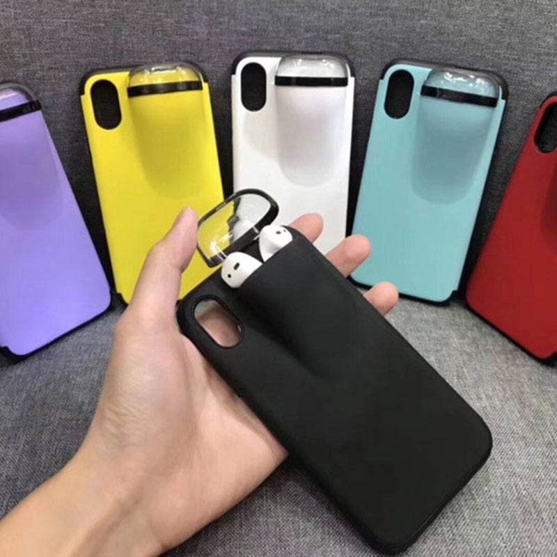 Phone case with Airpods holder in black and colorful options displayed, showcasing protection for phone and AirPods.