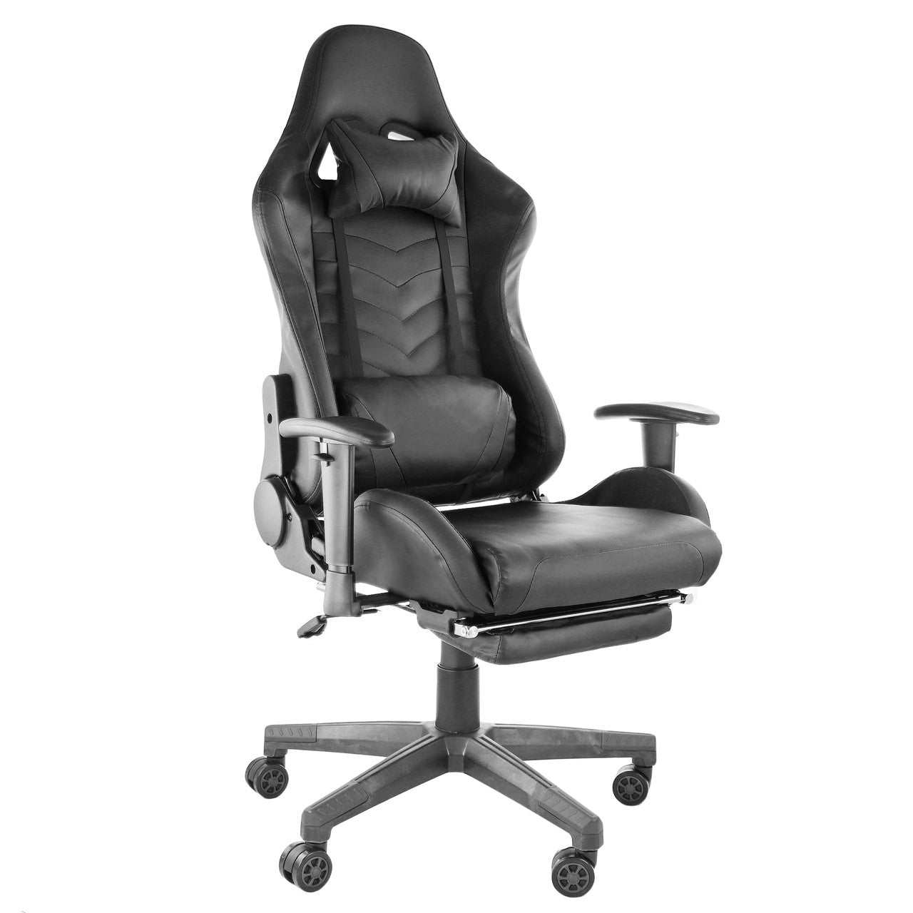 GameFitz Gaming Chair in black pleather with head and lumbar pillows and foldable footrest for ergonomic gaming comfort