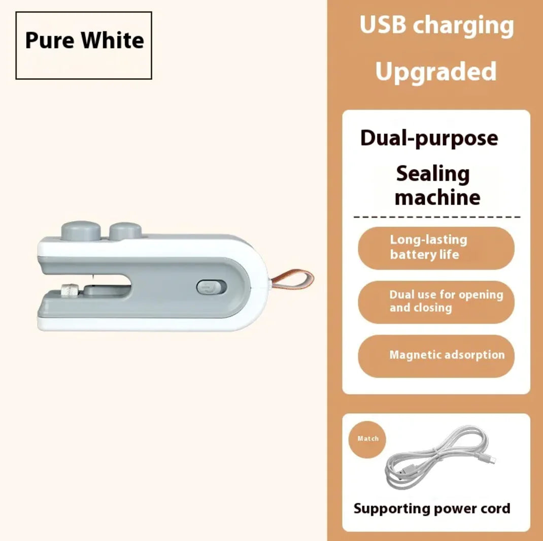 Snackfresh Mini Sealer in navy color showcasing a dual-purpose sealing machine with USB charging features.