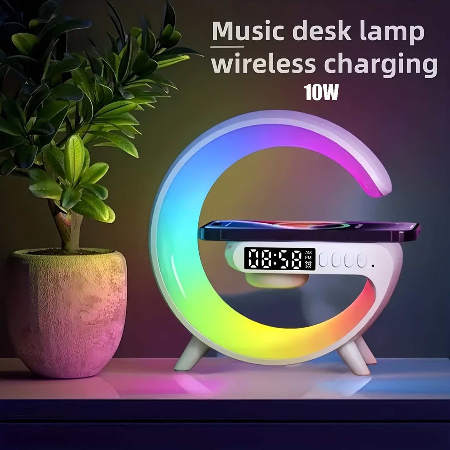 G shaped wireless charger stand with 10W fast charging, alarm clock, RGB night light, and Bluetooth speaker.