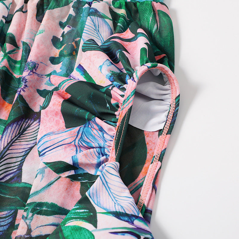 Split Mesh Three-piece Printed Bikini