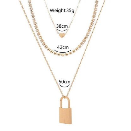 Gold Fashion Personality Lock Pendant Multi-Layer Necklace for Women
