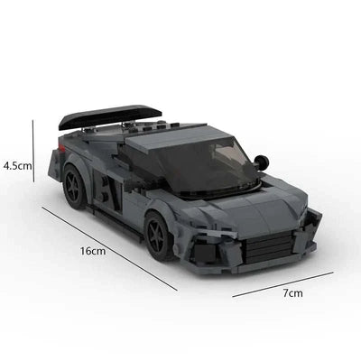 Dark gray Audi R8 MOC racing model build kit with LEGO-compatible pieces and dimensions 16x7x4.5 cm