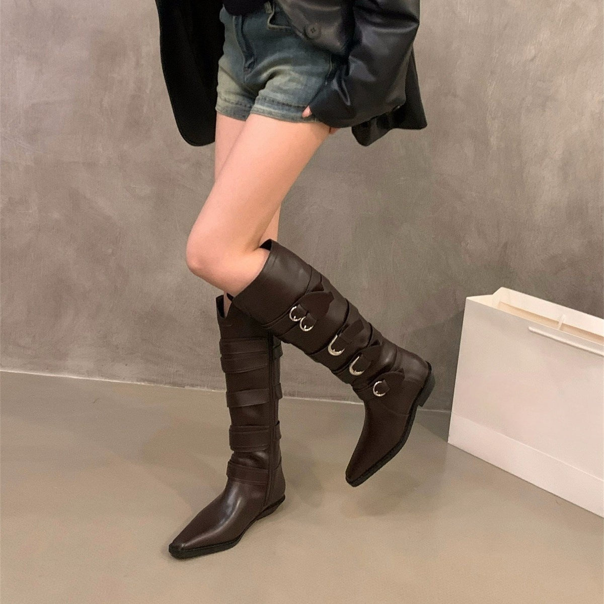 Chunky Heel Pointed Brown Maillard Boots Women's Shoes