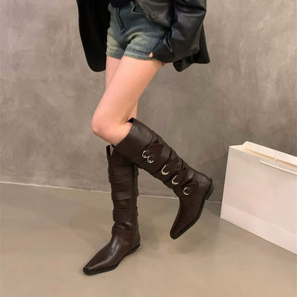 Chunky Heel Pointed Brown Maillard Boots Women's Shoes