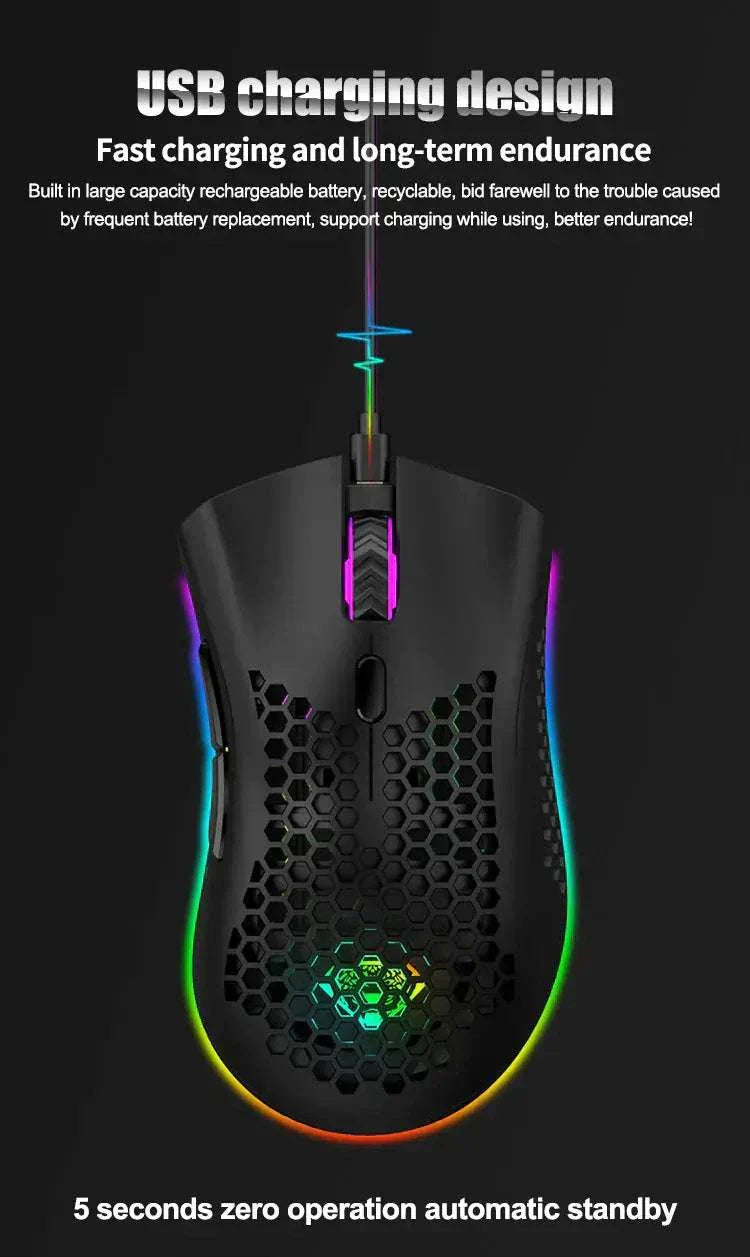 Wireless gaming mouse with USB charging, RGB lighting, honeycomb design, and adjustable DPI.