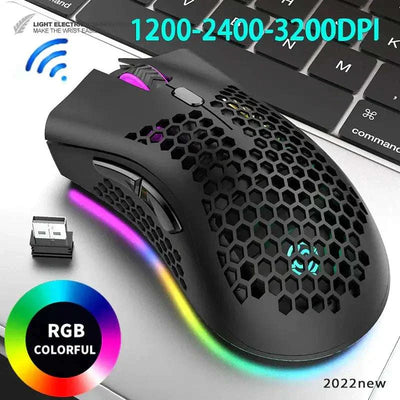 Wireless honeycomb ergonomic gaming mouse with RGB backlit, adjustable DPI, and rechargeable wireless 2.4GHz connection
