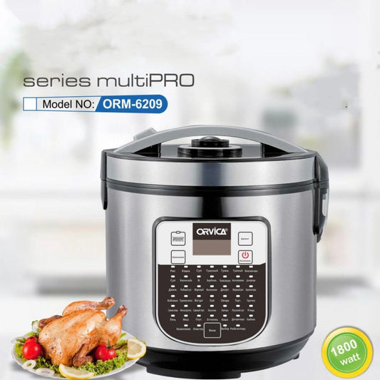 Electric Pressure Cooker ORM-6209 model with 1800 watt power and food in foreground.