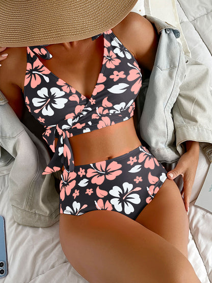 Lace Up Printed High Waisted Bikini Split Swimsuit For Women