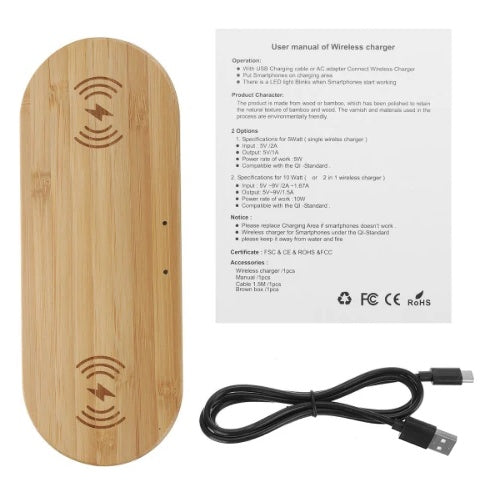 Wooden wireless charger in bamboo with user manual and USB cable, showcasing eco-friendly design and functionality.
