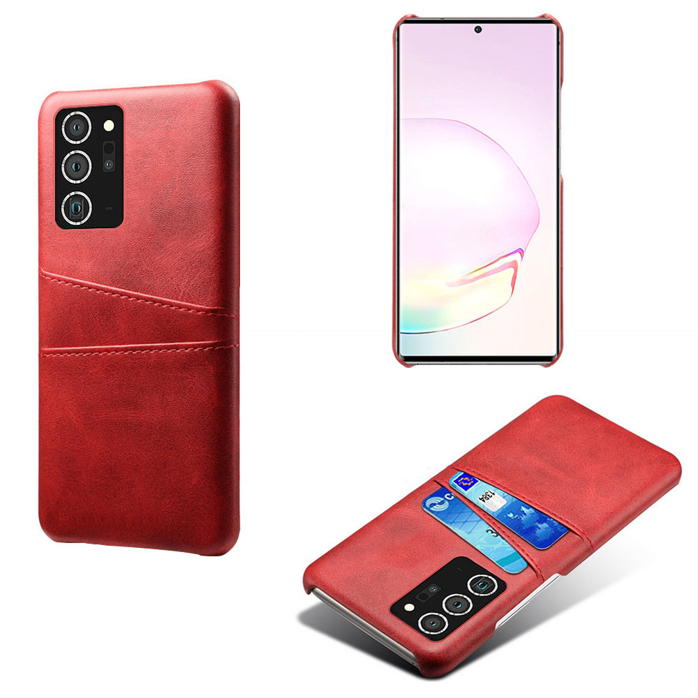 Red mobile phone case double card phone case for Samsung, featuring PC+Leather material and calf pattern.
