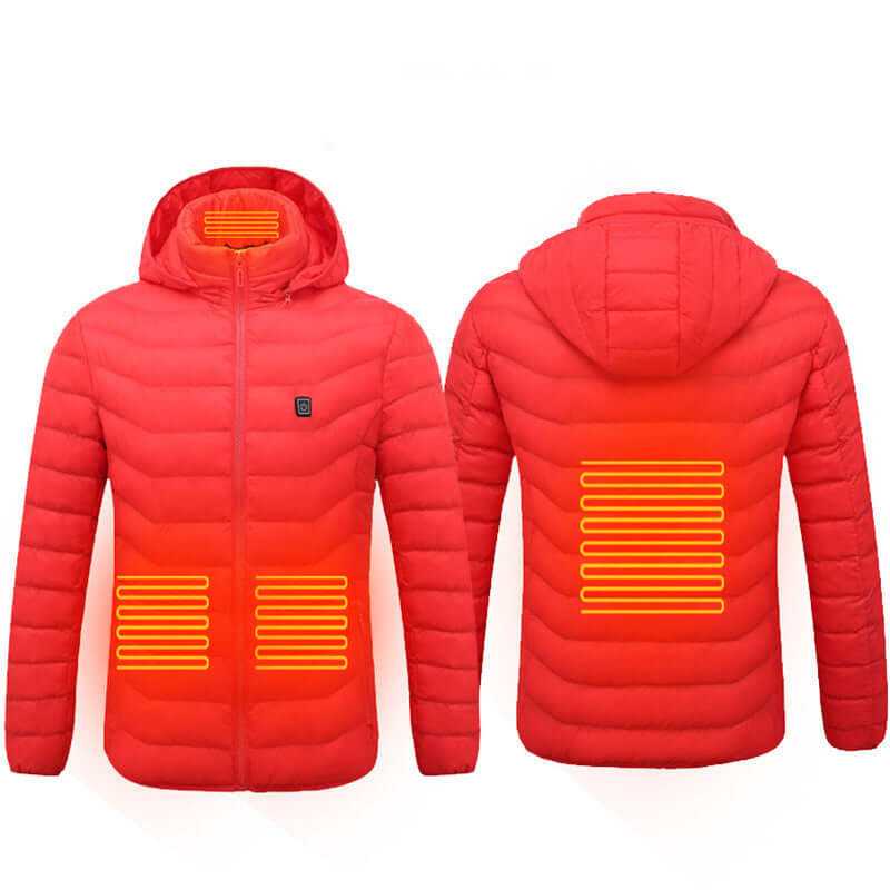 Heated Jacket Coat in blue, black, and red with 🔥hot heating zones for organic warmth control, stylish and lightweight design.