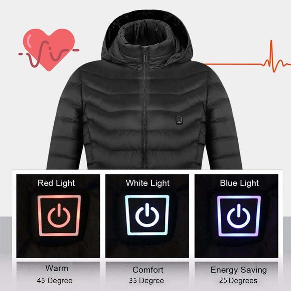 Heated Jacket Coat in blue, black, and red with 🔥hot heating zones for organic warmth control, stylish and lightweight design.