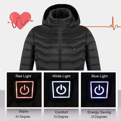 Heated Jacket Coat in blue, black, and red with 🔥hot heating zones for organic warmth control, stylish and lightweight design.
