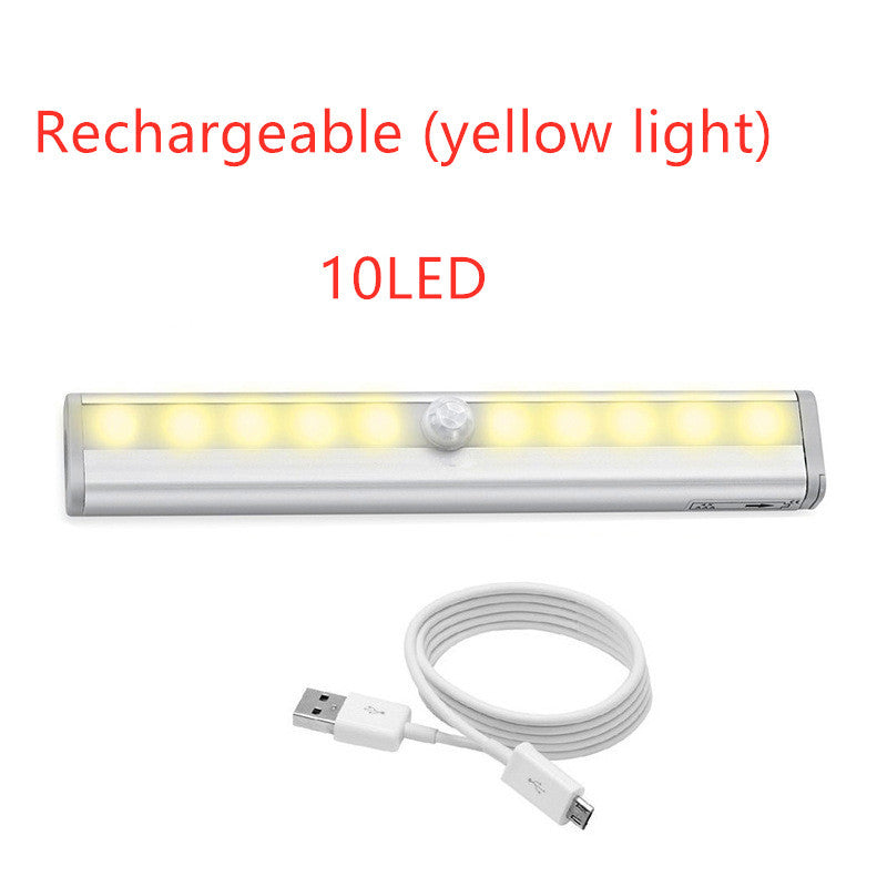 LED sensor light with rechargeable feature, 10 LED yellow lights, USB charging cable included.