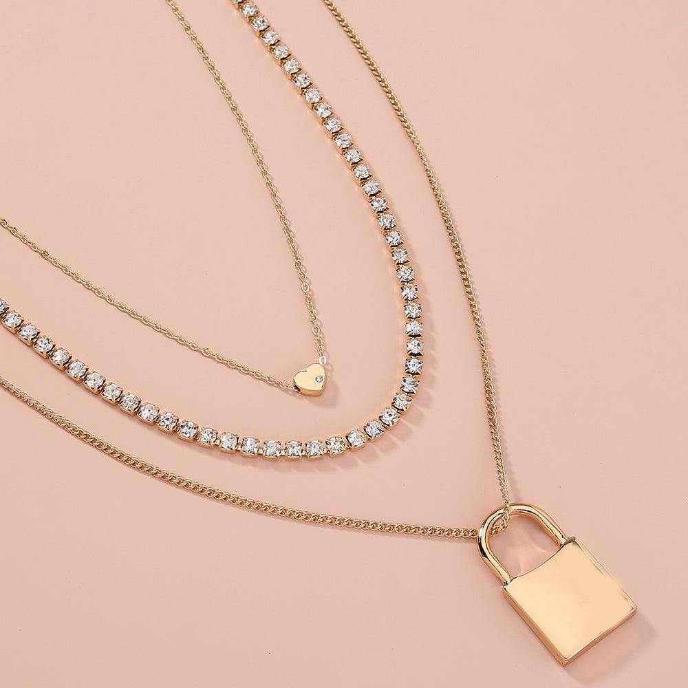 Gold Fashion Personality Lock Pendant Multi-Layer Necklace for Women