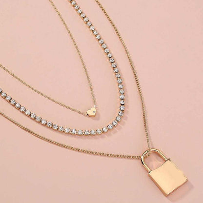 Gold Fashion Personality Lock Pendant Multi-Layer Necklace for Women
