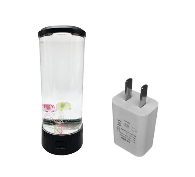Jellyfish Light LED light in a cylindrical acrylic design with USB adapter, showcasing colorful jellyfish in water.
