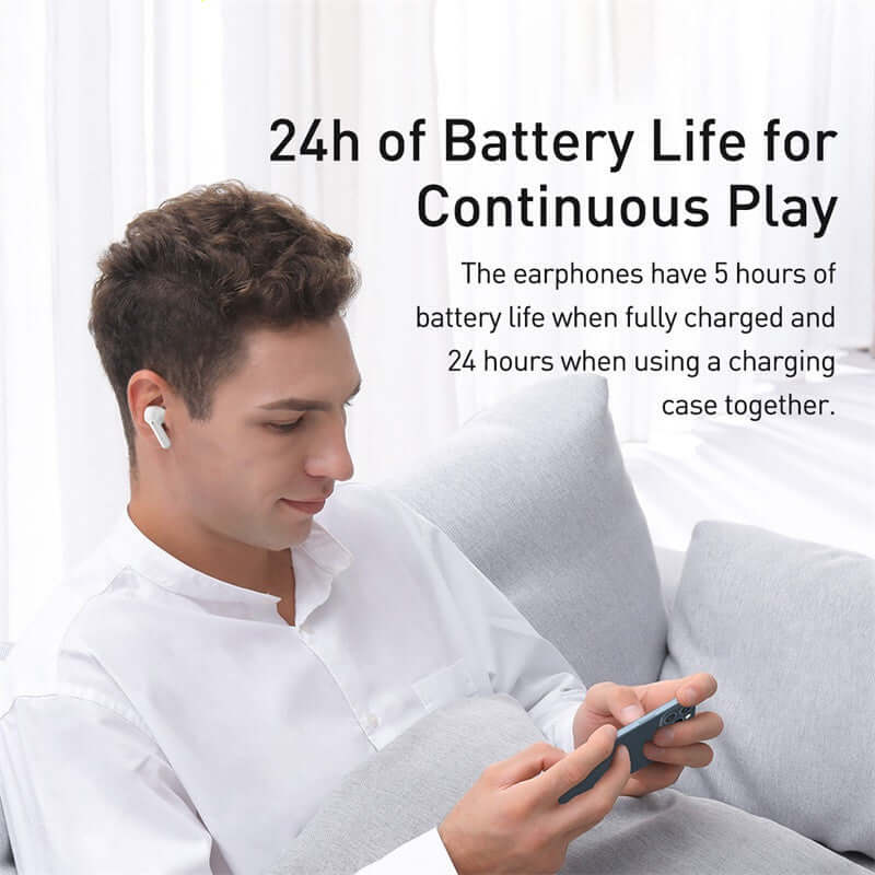 Noise-cancelling + waterproof earphones - Bluetooth 5.0 user enjoying 24h battery life for continuous play while using smartphone.