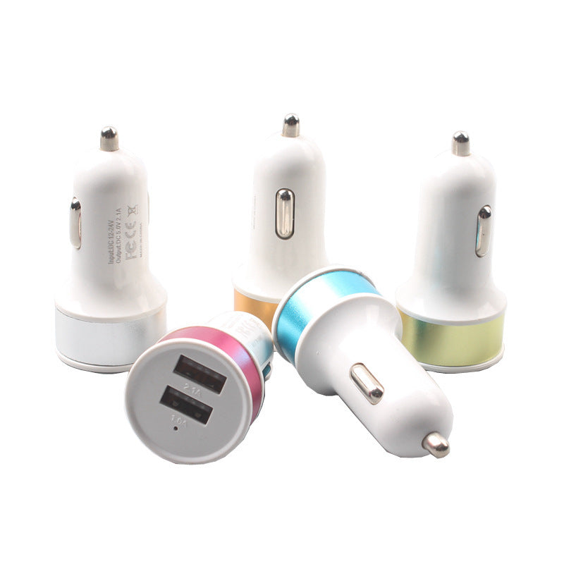 Color round metal ring 2A steel ring aluminum alloy car phone charger dual USB nipple car charger