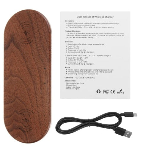 Wooden wireless charger with user manual and USB cable, featuring a stylish design in walnut.