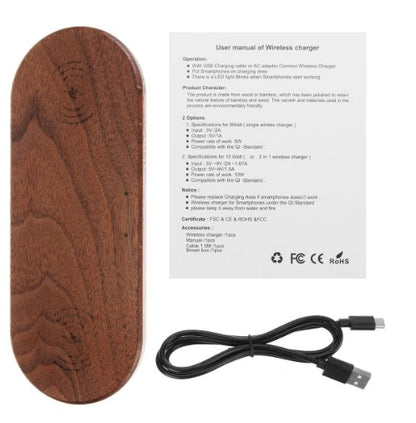 Wooden wireless charger with user manual and USB cable, featuring a stylish design in walnut.