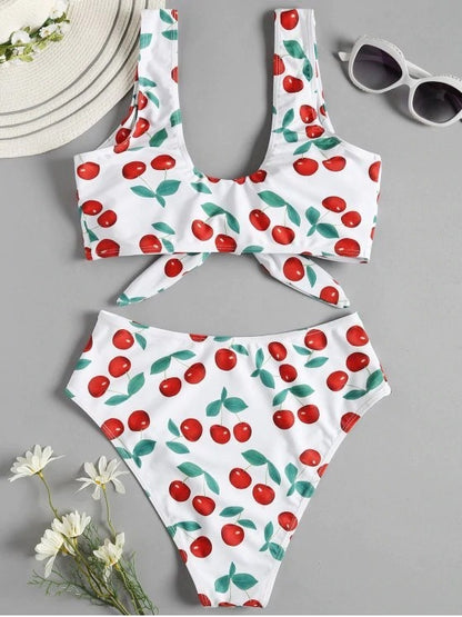Bikini Split Swimsuit Cherry Print Swimsuit Lace