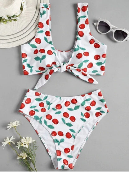 Bikini Split Swimsuit Cherry Print Swimsuit Lace