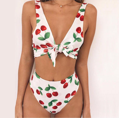 Bikini Split Swimsuit Cherry Print Swimsuit Lace