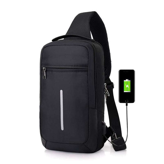 Black anti-theft USB charging chest bag with zipper and single strap, large polyester casual backpack with computer pocket