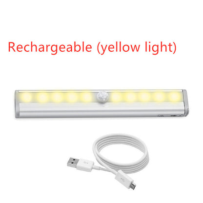 LED sensor light with USB charger, rechargeable, yellow light, suitable for cabinet illumination.
