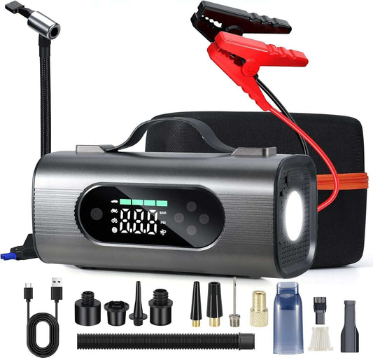 8 In 1 portable car battery starter with air compressor, wireless vacuum cleaner, large LCD display, and multiple inflation nozzles.