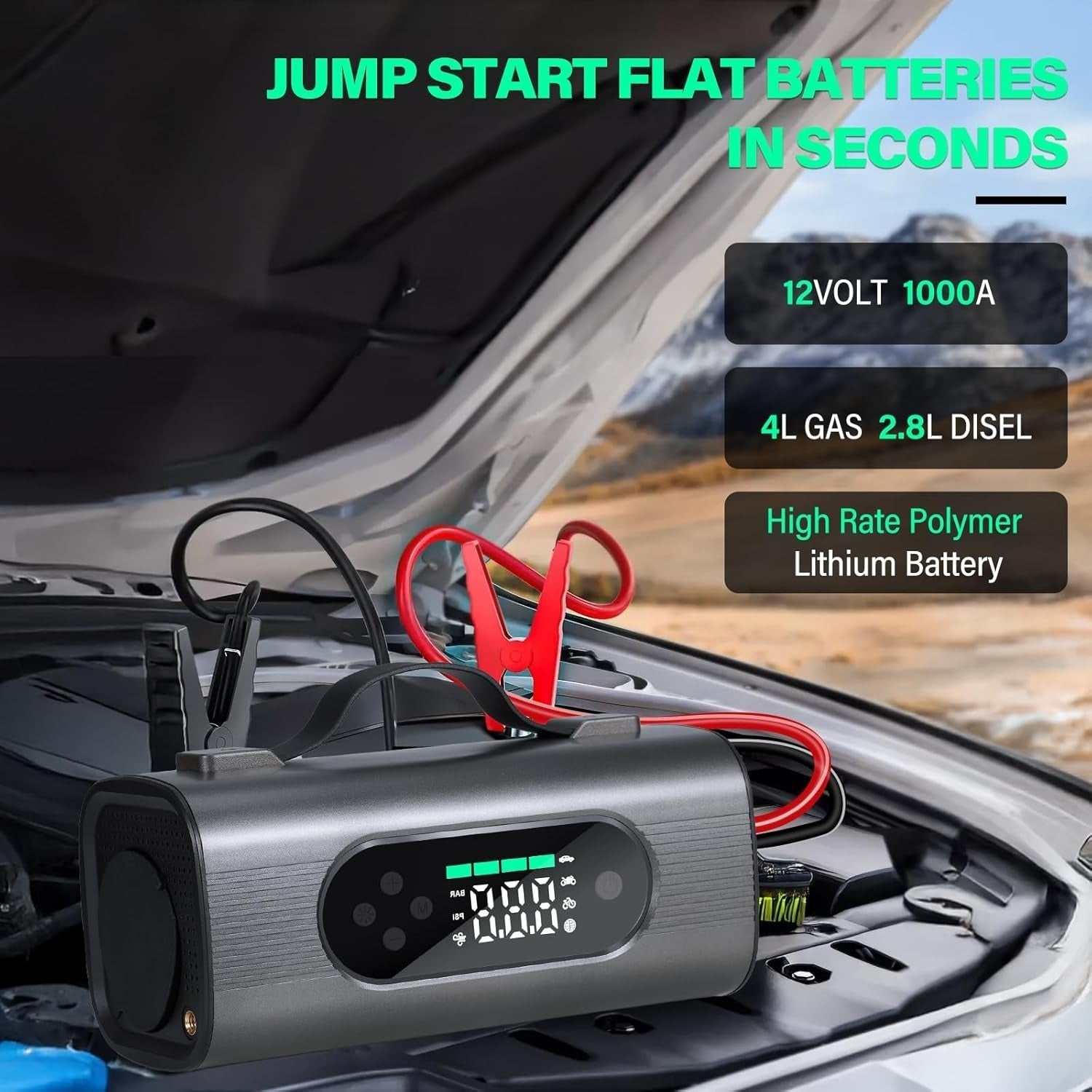 8 In 1 Portable Car Battery Starter with air compressor and wireless vacuum cleaner, 1000A jump starter for 12V vehicles with large LCD display