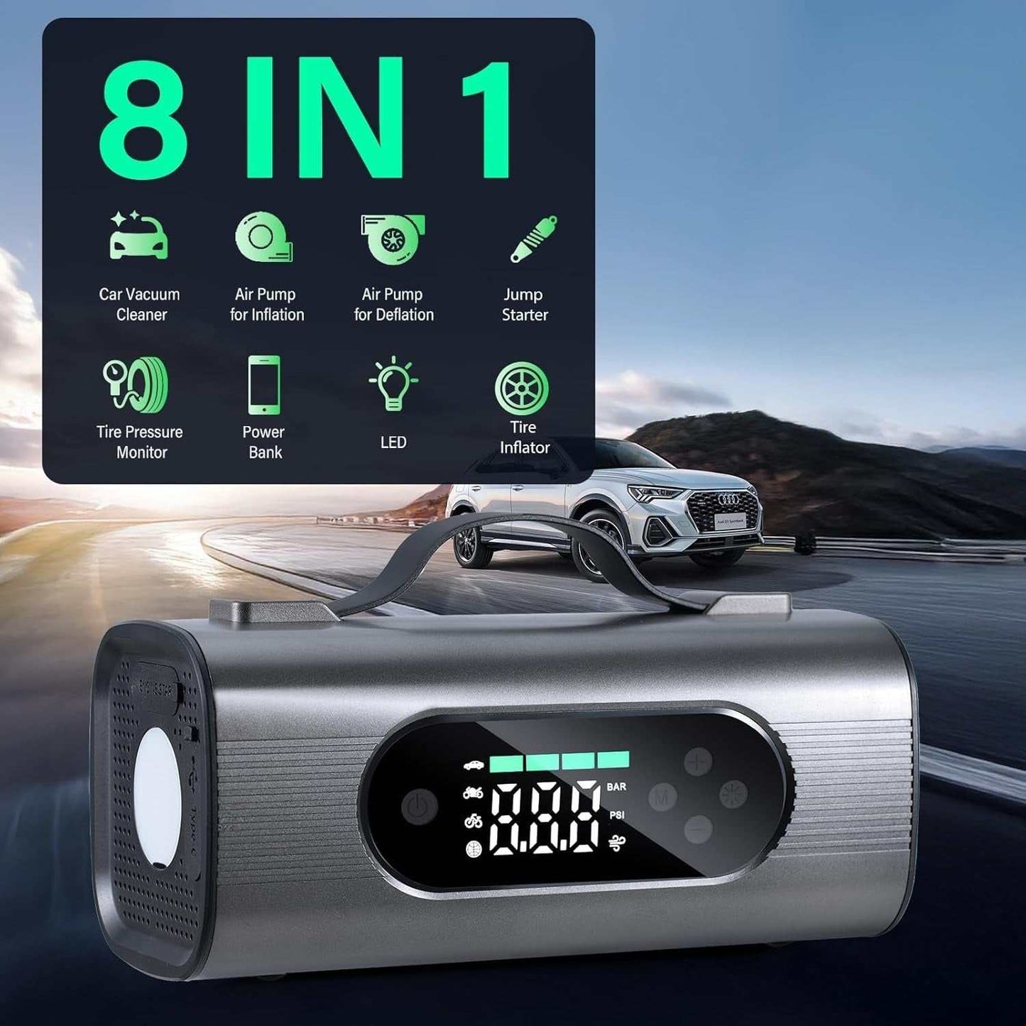 8 In 1 portable car battery starter with air compressor, vacuum cleaner, LED light, tire inflator, and power bank features