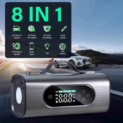 8 In 1 portable car battery starter with air compressor, vacuum cleaner, LED light, tire inflator, and power bank features