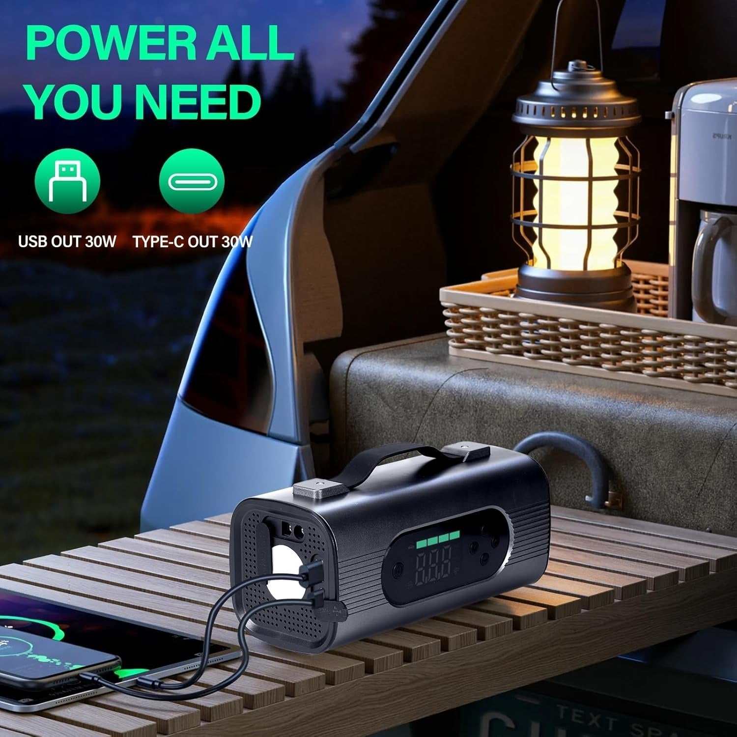 8 In 1 Portable Car Battery Starter with air compressor and wireless vacuum cleaner, large LCD display, dual USB output for charging devices.