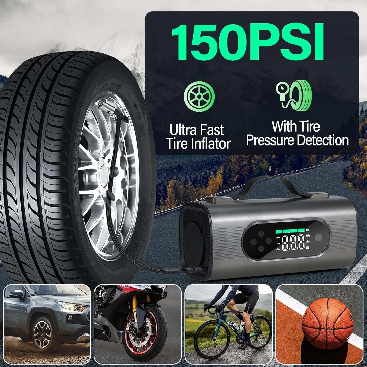 8 In 1 Portable Car Battery Starter with 150PSI air compressor and tire pressure detection for cars, motorcycles, bicycles, and sports equipment inflation