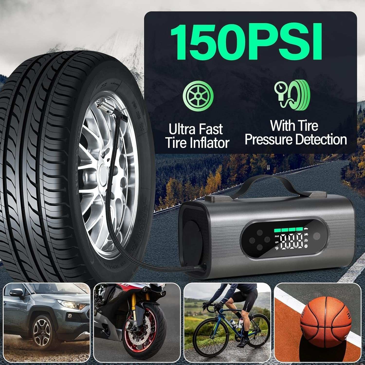 8 In 1 Portable Car Battery Starter with 150PSI air compressor and tire pressure detection for cars, motorcycles, bicycles, and sports equipment inflation
