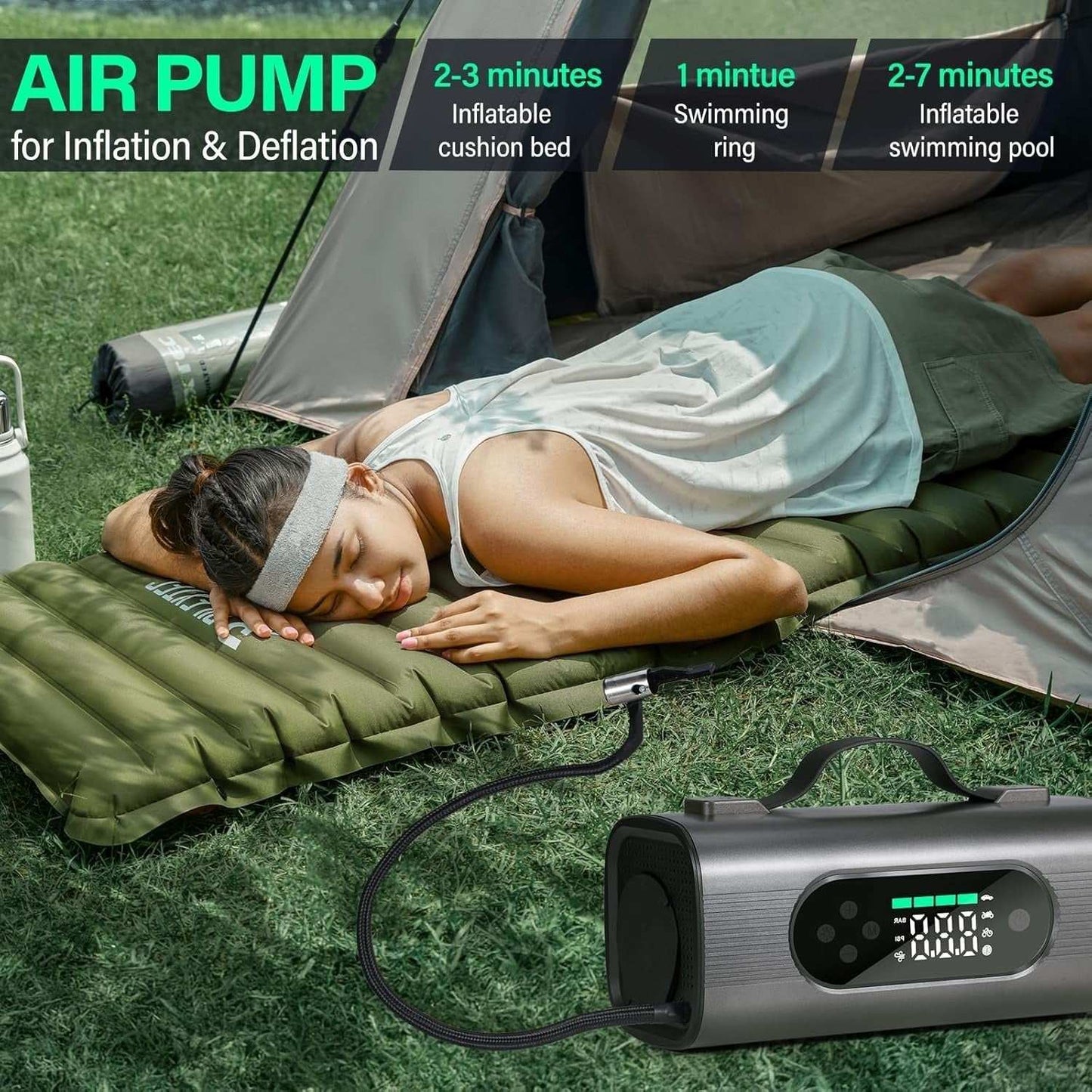8 In 1 Portable Car Battery Starter with air pump inflating camping mattress outdoors