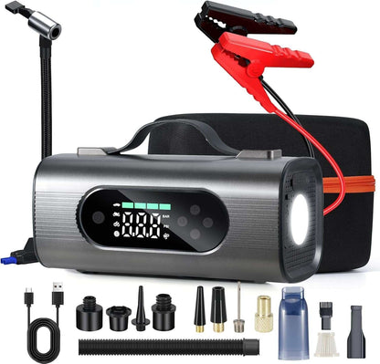 8 in 1 portable car battery starter with air compressor, wireless vacuum cleaner, large LCD display, and multiple inflation nozzles