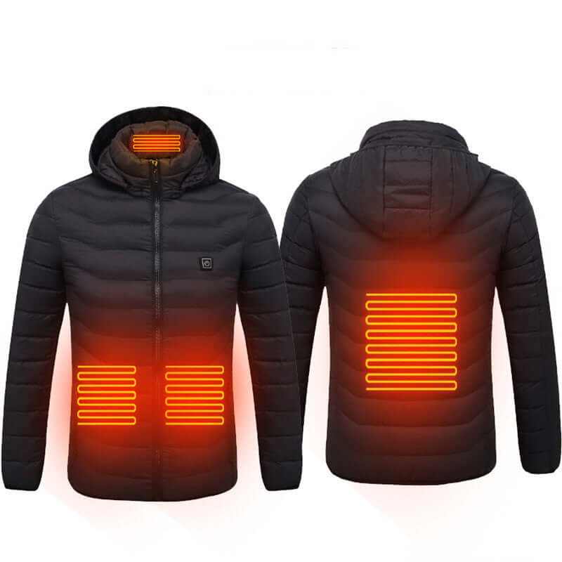 Heated Jacket Coat in blue, black, and red with 🔥hot heating zones for organic warmth control, stylish and lightweight design.
