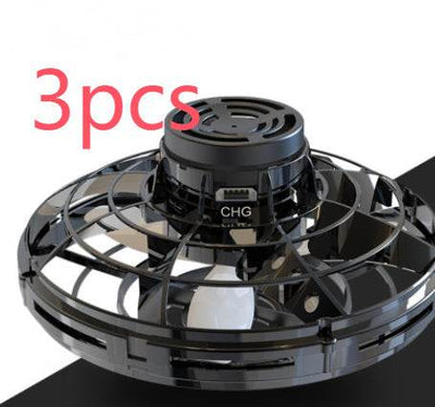 Mini Fingertip Gyro interactive flying toy drone with black protective cage and charging port, 3-piece set
