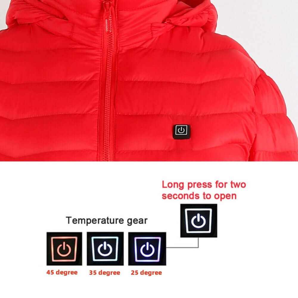 Heated Jacket Coat in blue, black, and red with 🔥hot heating zones for organic warmth control, stylish and lightweight design.