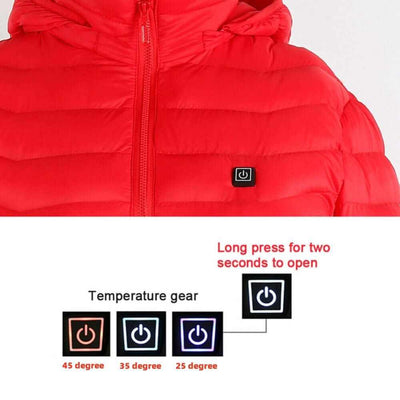Heated Jacket Coat in blue, black, and red with 🔥hot heating zones for organic warmth control, stylish and lightweight design.