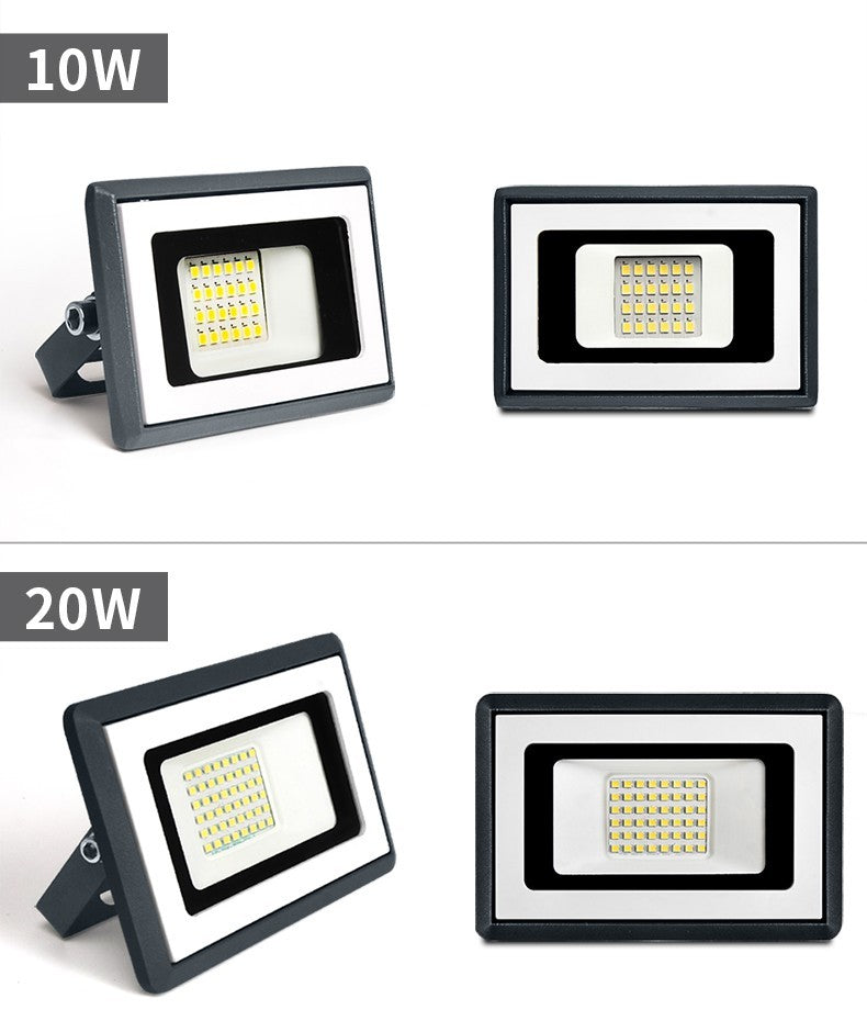 LED Flood Light models showing 10W and 20W options for outdoor lighting, featuring aluminum housing and 50 LED beads.