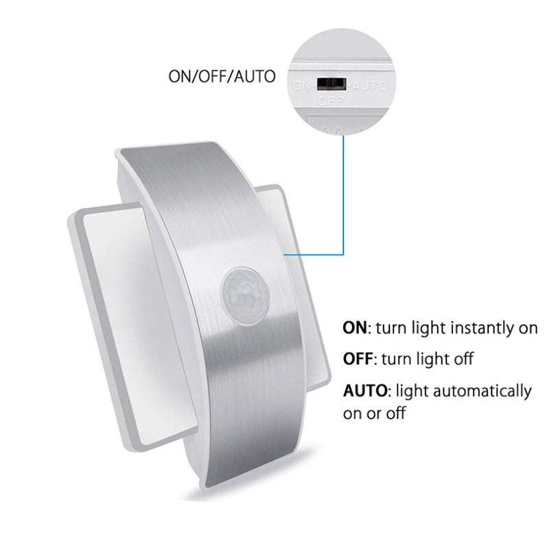Sensor LED Night Light with ON/OFF/AUTO switch demonstrating light control options.