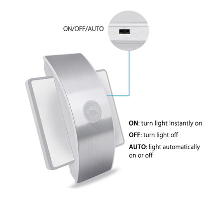 Sensor LED Night Light with ON/OFF/AUTO switch demonstrating light control options.